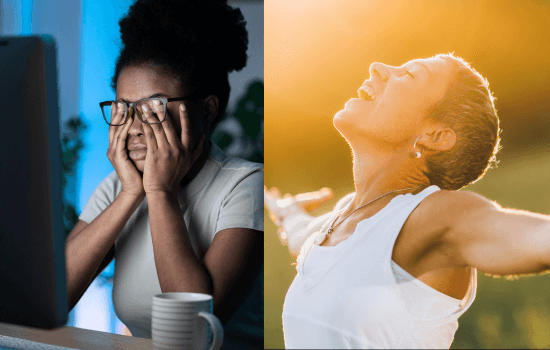 Split image showing contrast between a tired entrepreneur rubbing her eyes at a computer late at night and a joyful woman stretching outdoors in sunlight, symbolizing the transformation from burnout to energy through better sleep.